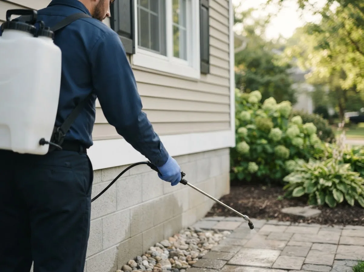 Pest control technician inspecting a home in Glenarm, IL